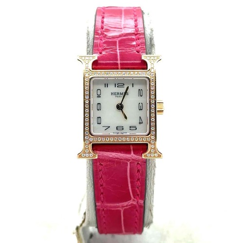 HERMÈS Hermes Heure H quarzo modello piccolo oro rosa 18 kt lunetta diamantata MOP donna HH1.173