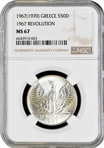 Greece 50 drachmai 1967, NGC MS67, "The coup d'état of 21 April" silver coin