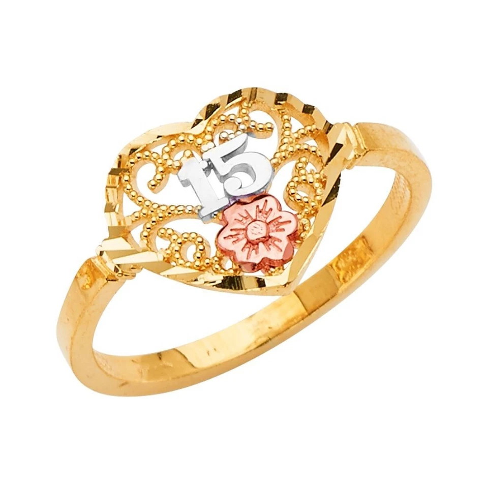 14K Tri Color Gold Sweet Flower Anos 15 Years Birthday Quinceanera Heart Ring - Image 1 of 1