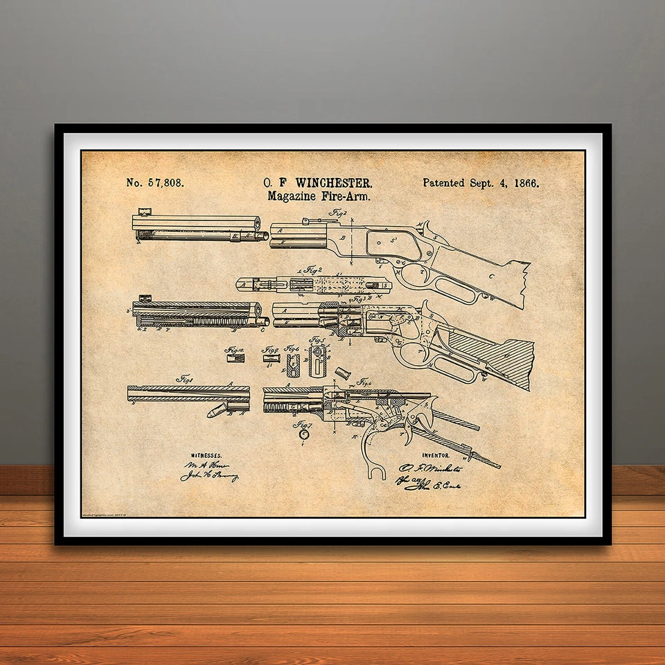STUDIO21GRAPHIX 1866 Winchester Lever Action Rifle Patent Print Art Drawing Poster
