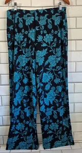 Jm Collection Elena Ladies Navy Blue Turquoise Floral Print Knit Pant Wide... - Picture 1 of 4