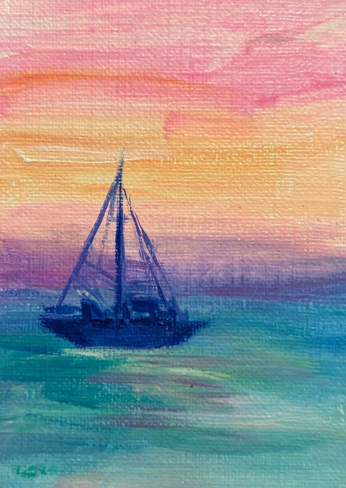 ACEO Original, Abstracto Costero Puesta de Sol Barco Arte, Playa Vela Mini Pintura Foto 1 de 1