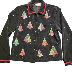 KEREN HART S Black Velvet Christmas Tree Applique Jacket Festive Holiday - Picture 1 of 6