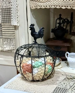 New Rustic Wire Topped Egg Basket With Rooster Finials, 8x8 In. W/Egg Clutch - Picture 1 of 7