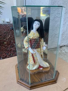 Vintage 13" Tall Geisha Doll in Octagon Glass/Mirrored Case with Wood Base - Picture 1 of 4