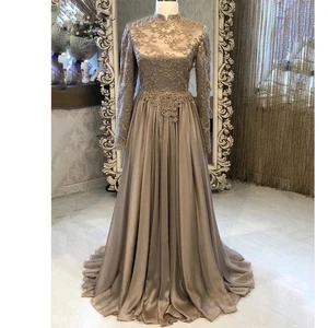 Elegante muslimische Brautkleider Chiffon Langarm hochgeschlossen Spitze Applikationen - Bild 1 von 10