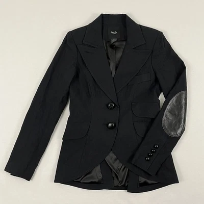 Blazer Smythe para mujer talla 6 negro mezcla de lino parche en el codo chaqueta Academia Preppy Foto 1 de 4