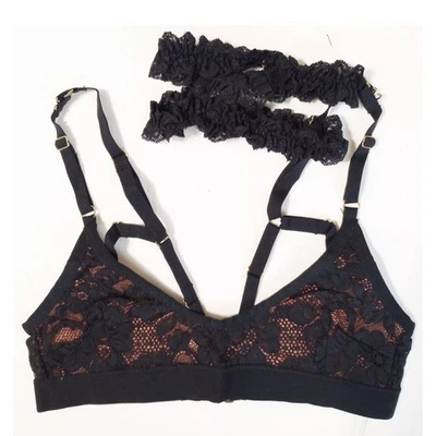 We Are HAH/Free People Guard Her Convertible Bra Garter Set Noir Black Lace Sm - Image 1 of 4