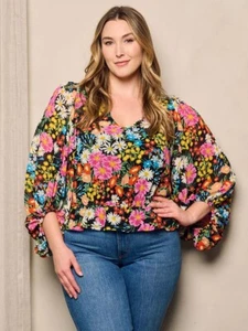 Womens Plus Size Floral Blouse 2X Long Sleeve V Neck - Picture 1 of 2