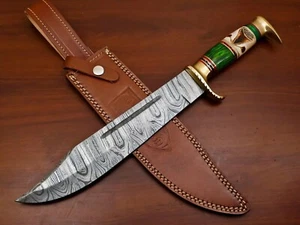 HEAVY DUTY HANDMADE DAMASCUS HUNTING BOWIE KNIFE WITH ENGRAVED BONE - Picture 1 of 10