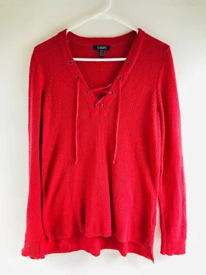 Suéter Chaps Para Mujer Talla Mediana Rojo Tejido Pullover Manga Larga Con Cordones Cuello en V Foto 1 de 4