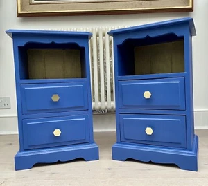 Pair of vintage solid pine bedside tables - blue with gold hexagon handles - Picture 1 of 10