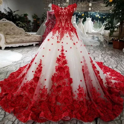 3D Red Floral Tulle Off Shoulder Wedding Dresses A-Line Shiny Bridal Gown Custom - Image 1 of 4