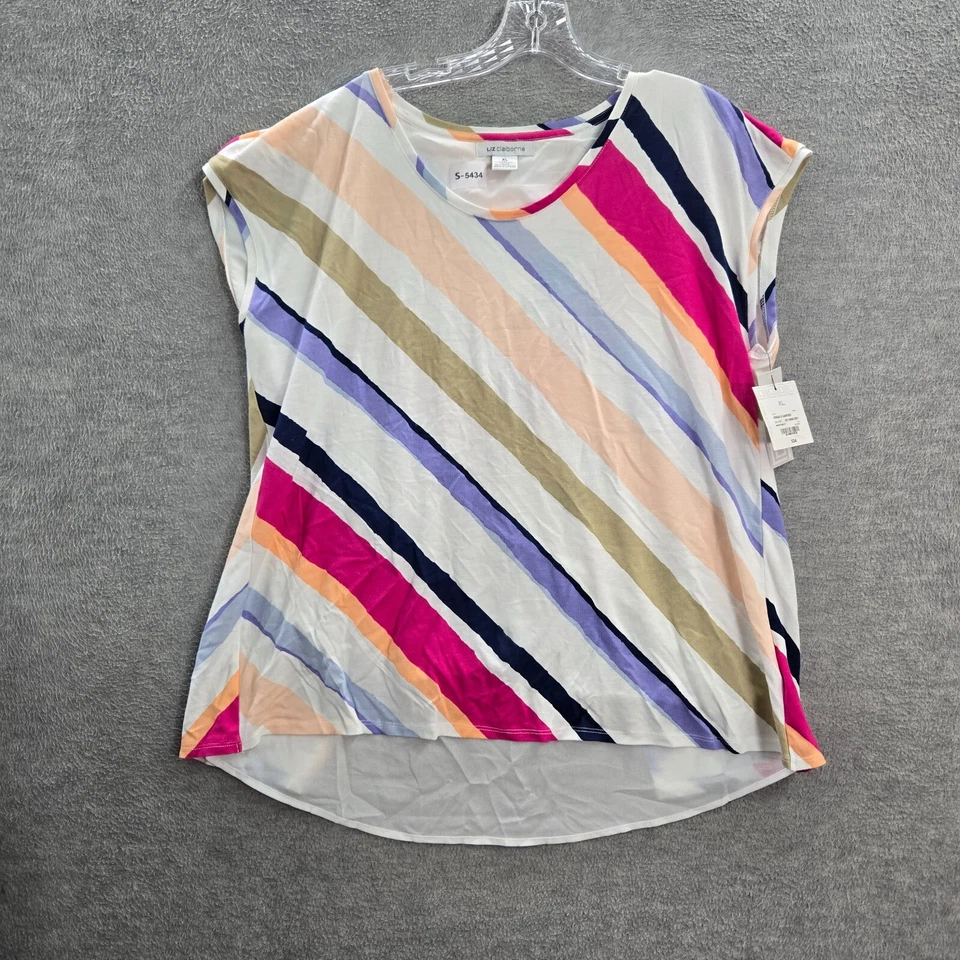 Top Liz Claiborne Mujer XL Blanco Rayas Frida's Jardín Camisa Manga Gorra LEER Foto 1 de 4