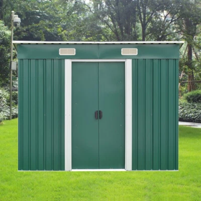PANANA New 8 X 4 Garden Shed Metal Pent Roof Outdoor Tool Storage With Free Base Green