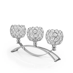 Crystal Candle Holder – 3 Arm Silver Candelabra Wedding Table Centrepiece - Picture 1 of 9