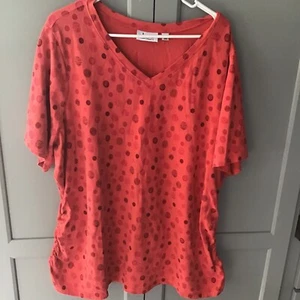 Denim & Co. Cotton Blend Short Sleeve Ruched Polka Dot Top Size3X Coral - Picture 1 of 10