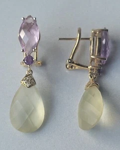 Earrings 14K Yellow Gold Yellow Pink Topaz Amethyst Diamond Large ~ Omega Backs - Picture 1 of 8