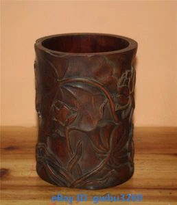 Vintage Old Chinese Hand Carved Bamboo Lotus Brush Pot Pen holder22545 - Imagen 1 de 6