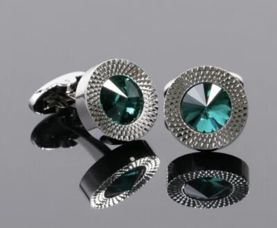 Par de gemelos de plata redondos de piedra verde boda para hombre eslabones de cristal del Reino Unido Foto 1 de 4