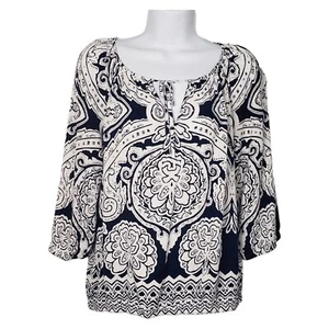 INC Womens Printed Scoop Tie-Neck 3/4 Sleeve Blue & White Rayon Top Size Medium - Picture 1 of 10
