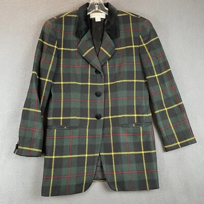 Chaqueta Blazer De Colección Jones New York 100% Lana Talla 8 Cuello Terciopelo Verde Tartán Cuadros Foto 1 de 4