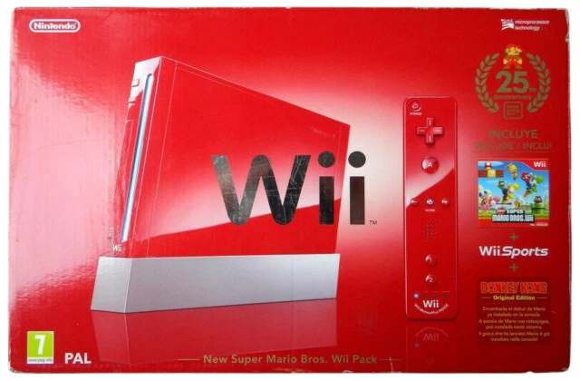 Nintendo Wii Super Mario Bros 25 Anni Anniversario Pack di Console,Wii Remote Plus e 3 Giochi - Rossi