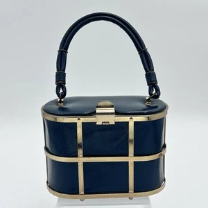 Vintage Elra 1960s Purse Black/Gold Cage Oval Box /Bag - Picture 1 of 16