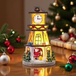 Christmas Village Decorative Resin Clock Tower with LED Lights Ornament - Picture 1 of 12