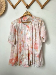 80s pastel floral pleat front short sleeve button blouse polyester L - Picture 1 of 6