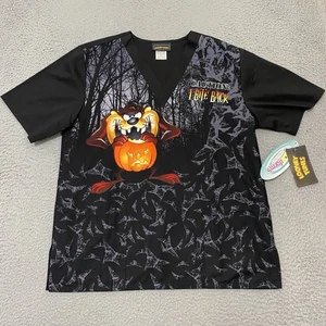 Looney Tune Taz Halloween Scrub Top Unisex M Black Cherokee Tooniform V Neck New - Picture 1 of 14