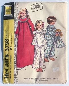 Vintage 70er McCalls Schnittmuster 3798 Kinder Schlafanzug Nachthemd PJ Pyjama Tasche UNCUT - Bild 1 von 3