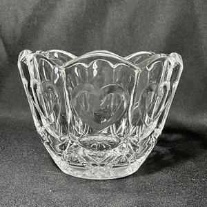 Hearts Patterned Crystal Bowl with Scalloped Edge - Small 4" Tall x 5 1/4" Wide - Picture 1 of 13