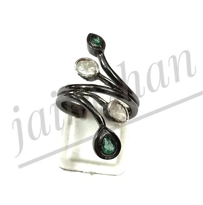 Elegant Smaragd Edelstein Polki Uncut Diamant 925 Sterling Silber Vintage Ring - Bild 1 von 4