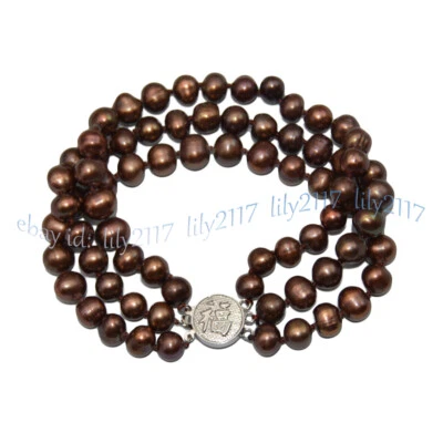 Juego de 3 filas de 7-8 mm de collar de perlas barrocas de agua dulce marrón café natural Foto 1 de 4