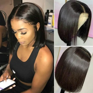 Heat Resistant Short Bob Synthetic Lace Front Wigs Glueless Black Straight Hair - Picture 1 of 13