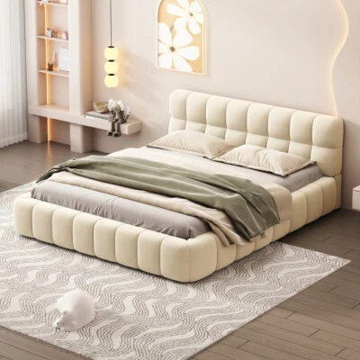 Queen Size Upholstered Platform Bed Frames w/ Headboard Daybed Bedroom Furniture - Image 1 of 4