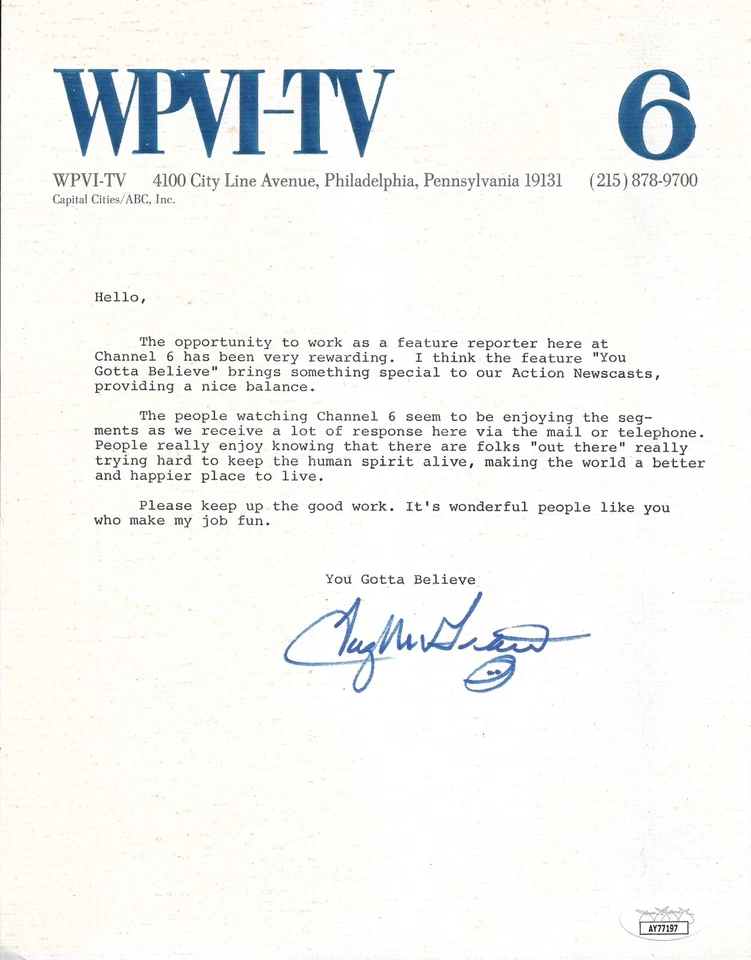 Tug McGraw Signed Channel 6 Typed Letter JSA COA Phillies 1980 WS Closer - Image 1 of 1