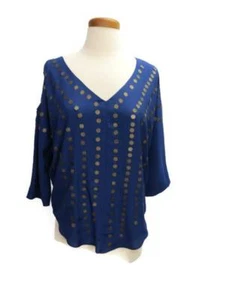 Sparkle & Fade Tunic Top Navy Blue Size Medium Cold Shoulder Gold Discs V Neck - Picture 1 of 4