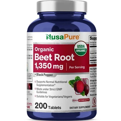 NusaPure Remolacha Raíz 1.350 mg 200 Comprimidos Orgánicos Vegetarianos, USDA, Sin OGM Foto 1 de 4