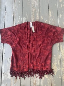 Chico's Womens Small/M Chenille Floral Jacquard Ruana Maroon Wrap Shawl Fringe - Picture 1 of 7