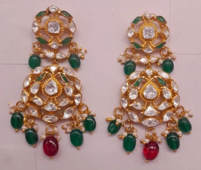 Silver Moissanite Polki With Labmade Emerald Earring, Dangling Earring For Women - Image 1 of 4