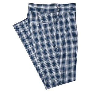 Mens Gurkha Pants 34 Blue Green White Tartan Plaid Slim Fit Straight Trousers - Picture 1 of 7