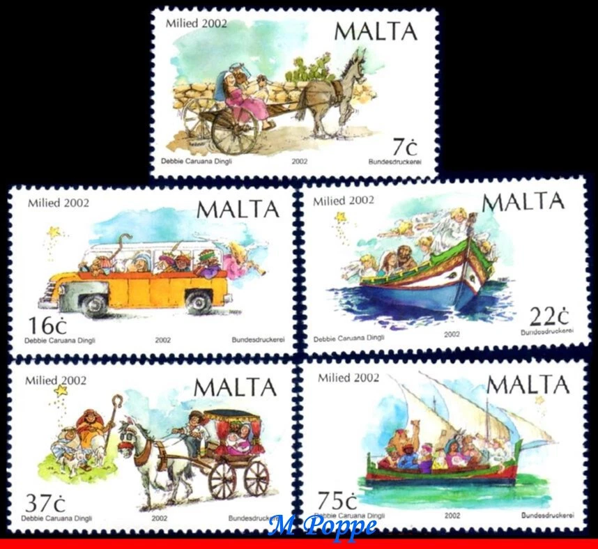 1097-101 МАЛЬТА 2002 РОЖДЕСТВО, КОРАБЛИ, АВТОМОБИЛИ, ЛОШАДЬ, MI # 1248-1252, НАБОР MNH - Изображение 1 из 1