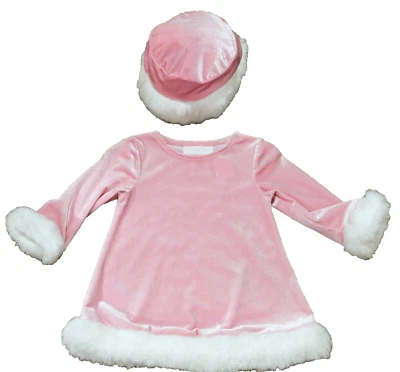 INFANT GIRLS SZ 12 MOS. by BONNIE BABY~ FAUX FUR TRIM PINK SPARKLE DRESS w/ HAT  - Image 1 of 4