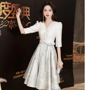 Abito da sera bianco leggero lusso donna floreale scollo a V slim fit abito da festa linea A - Foto 1 di 19