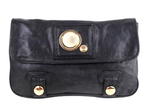Gustto SOFT BLACK GENUINE LEATHER FLAP LOGO CLUTCH HANDBAG WALLET PURSE - Picture 1 of 18