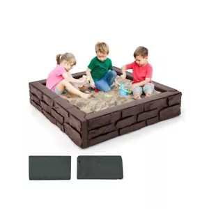 2 x 1 Outdoor Beach HDPE Kids Sandbox w/ Top Thick Cover Bottom Liner 3-12 Year - Picture 1 of 10