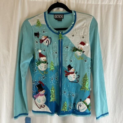 Cárdigan suéter pequeño vintage Berek para mujer azul Navidad muñecos de nieve con cuentas nuevo con etiquetas Foto 1 de 4