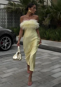 ZARA Yellow Feather Satin Strapless Maxi Dress Size M 2168/002 Bloggers Fave - Picture 1 of 15